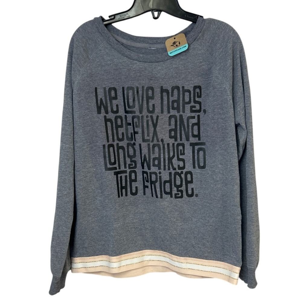 Upcycled Hand Printed Womens Medium Love Naps Netflix Walks to Fridge Sweatshirt